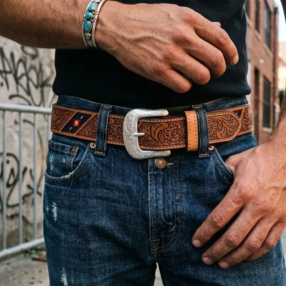 Ranger Belt Co WB413 Western Leather Belt Beaded Inlay Floral Tooled Unisex New